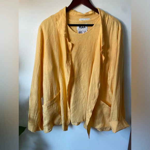 Rare FLAX|| Linen Canary Yellow Set. Short sleeve shirt and Jacket w/buttons  Sm - Picture 2 of 10